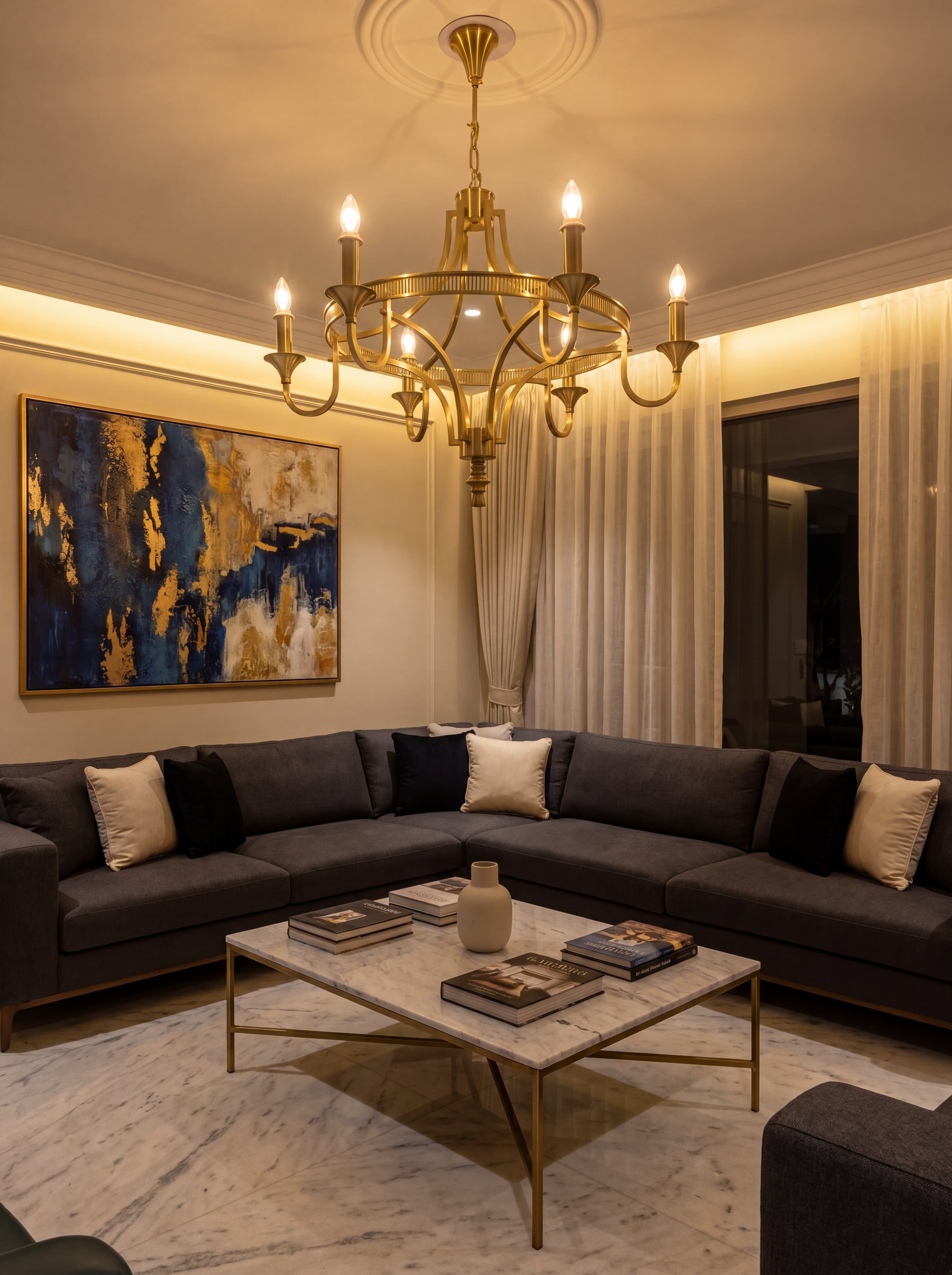 Golden Curve Chandelier in room