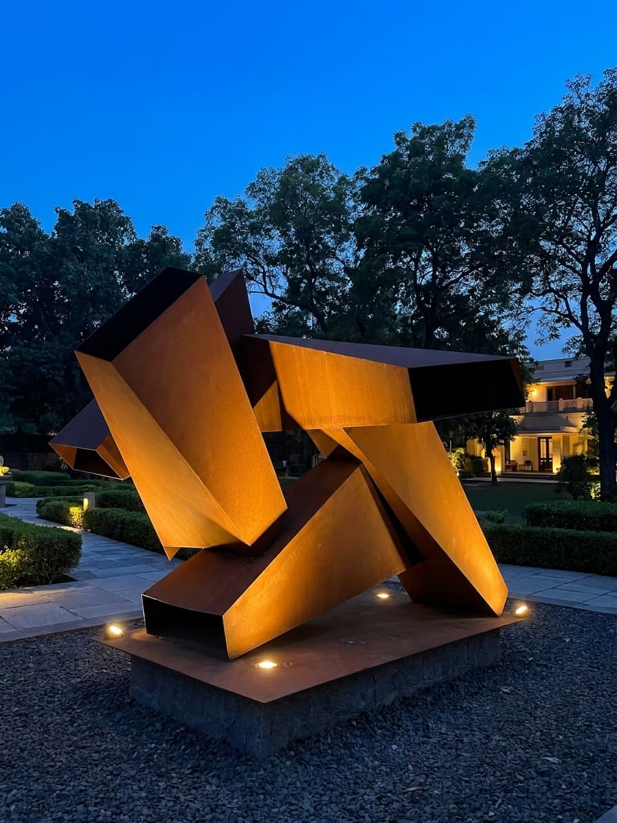 Angular corten sculpture at dusk