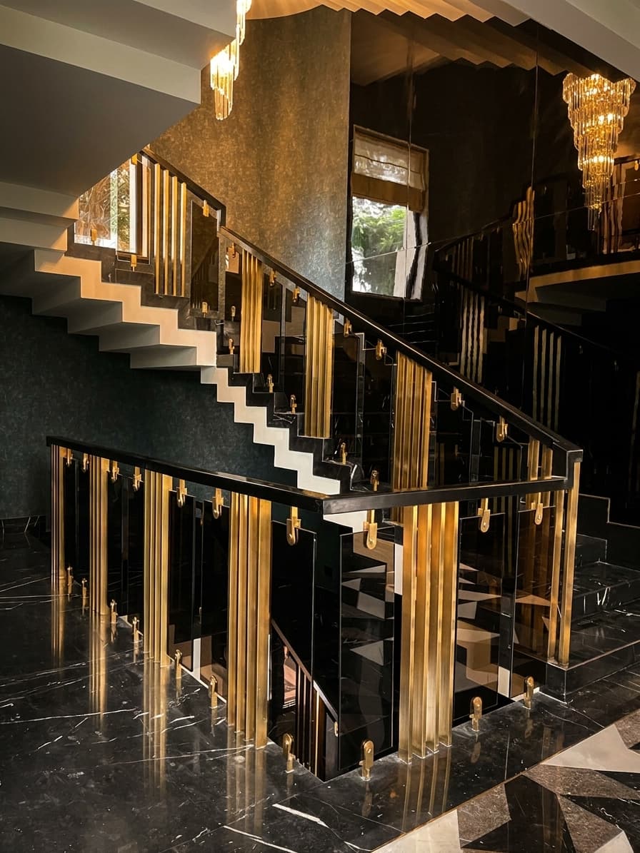 Brass & glass staircase railing