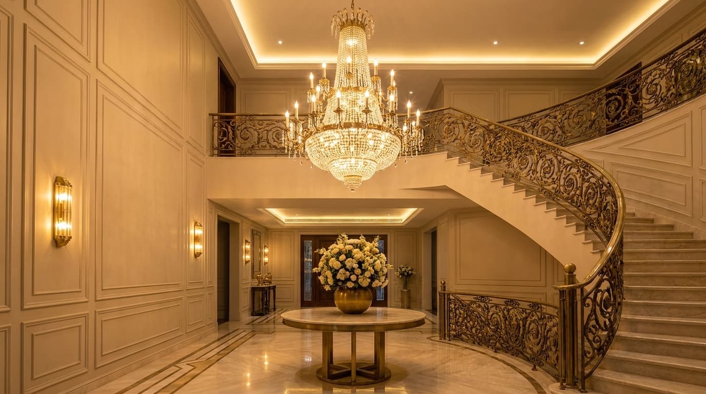 Grand lobby with crystal chandelier, wrought iron railing, and wall sconces